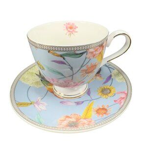 Shabby Chic Fine Porcelain Teacup And Saucer Set‎ Tea Cup Plate Blue Floral Bird